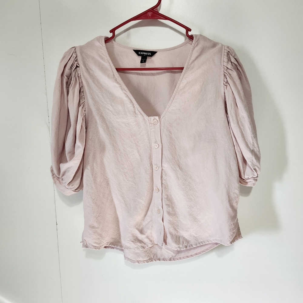 Express Women Boho Cottagecore Pink Mauve Puff Sleeve Button Down V-Neck Top S